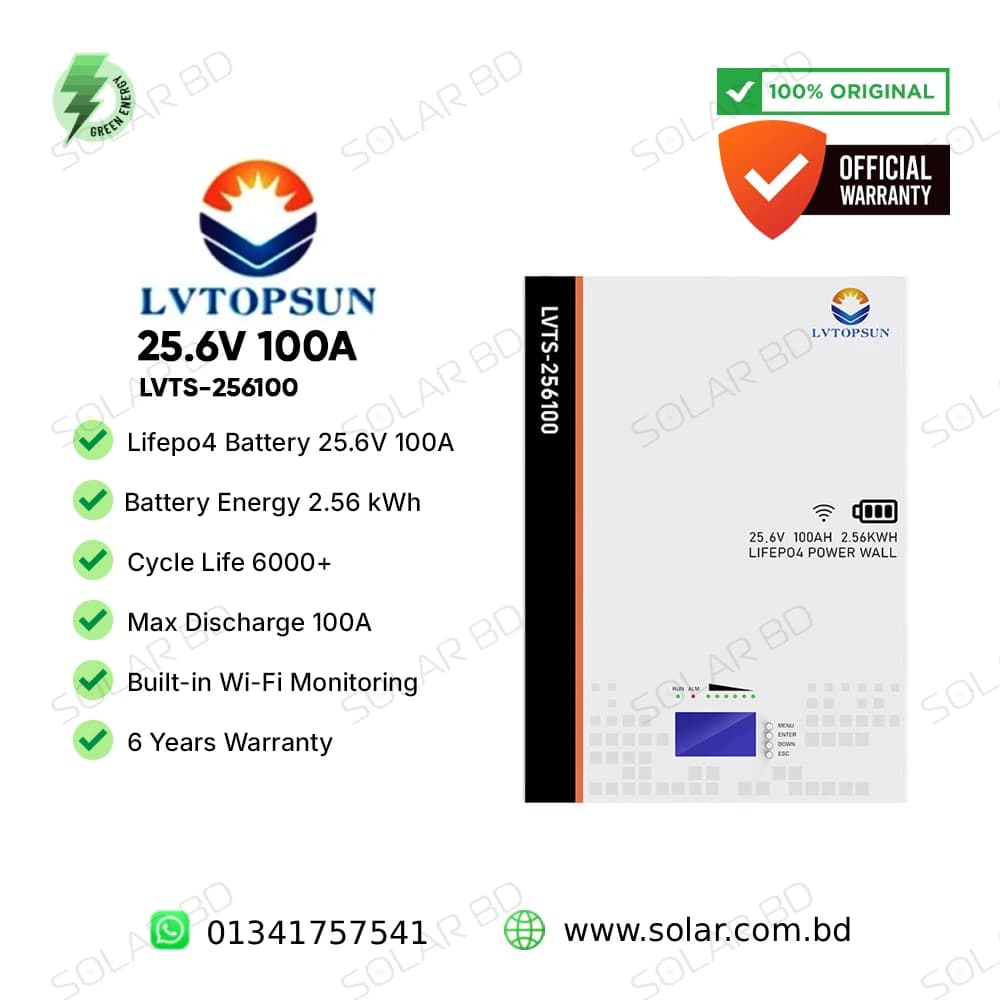 LVTOPSUN 25.6V 100Ah 2.56 kWh Lithium Iron Phosphate Battery (ABS Case)